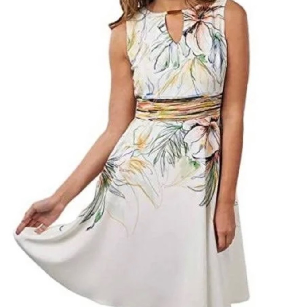 Joseph Ribkoff White/Yellow/Green Sleeveless Flared Dress Size 4